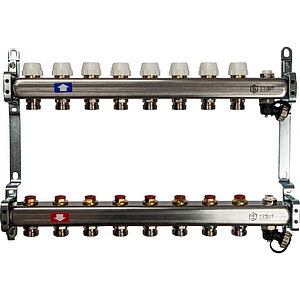 Коллекторная группа STOUT - 1' на 8 контуров 3/4' (клапананы, сливные краны, нерж. сталь)