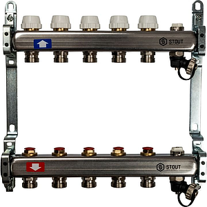 Коллекторная группа STOUT - 1' на 5 контуров 3/4' (клапананы, сливные краны, нерж. сталь)