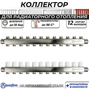 Коллекторная группа Aquasfera 1' на 12 контуров 3/4' (нерж. сталь)