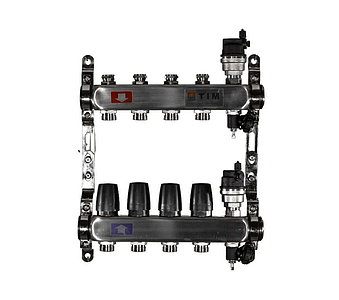 Коллекторная группа TIM 1' на 4 контура 3/4' (нерж. сталь, с вентилями)