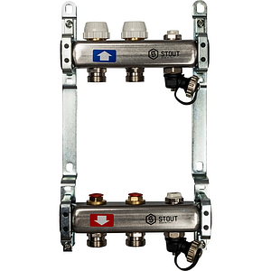 Коллекторная группа STOUT - 1' на 2 контура 3/4' (клапананы, сливные краны, нерж. сталь)