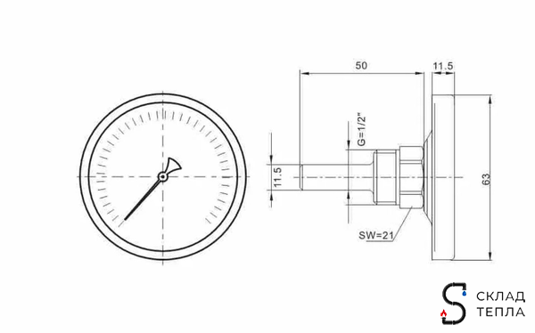 Термометр аксиальный Tim с гильзой 1/2" D-63 (2 шт.). Вид 5.