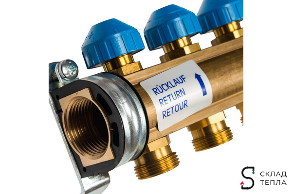 Коллекторная группа WATTS HKV/T - 1"ВР на 12 контуров 3/4"EK (с вентилями и расходомерами, латунь). Вид 2.