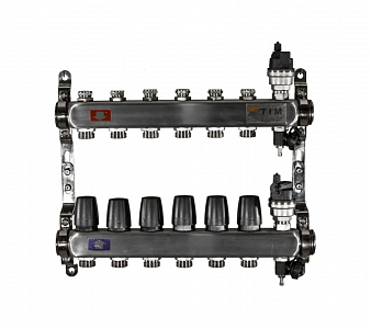 Коллекторная группа TIM 1' на 6 контуров 3/4' (нерж. сталь, с вентилями)