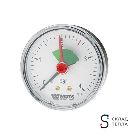 Манометр аксиальный WATTS F+R101 (MAL) - 1/4" (D-50 мм, шкала 0-4 бар, с указателем предела). Вид 1.