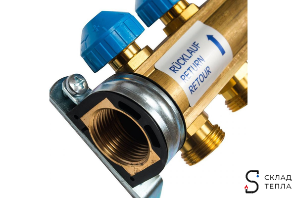 Коллекторная группа WATTS HKV/T - 1"ВР на 9 контуров 3/4"EK (с вентилями и расходомерами, латунь). Вид 2.