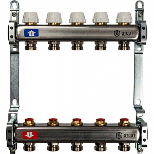 Коллекторная группа STOUT - 1' на 5 контуров 3/4' (нерж.сталь, с вентилями)
