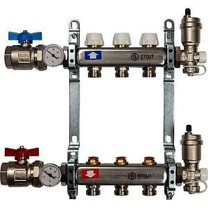 Коллекторная группа в сборе STOUT - 1' на 3 контура 3/4' (нерж.сталь, с вентилями)