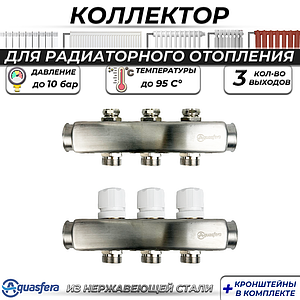 Коллекторная группа Aquasfera 1' на 3 контура 3/4' (нерж. сталь)