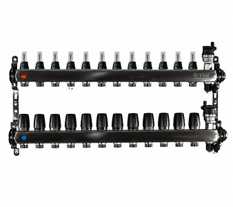 Коллекторная группа TIM - 1' на 12 контуров 3/4' (нерж. сталь с расходомерами и сливными кранами)