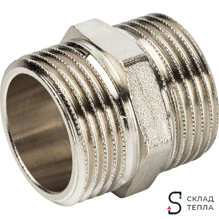 Ниппель латунный резьбовой равнопроходный STOUT - 1" (никелированный). Вид 3.