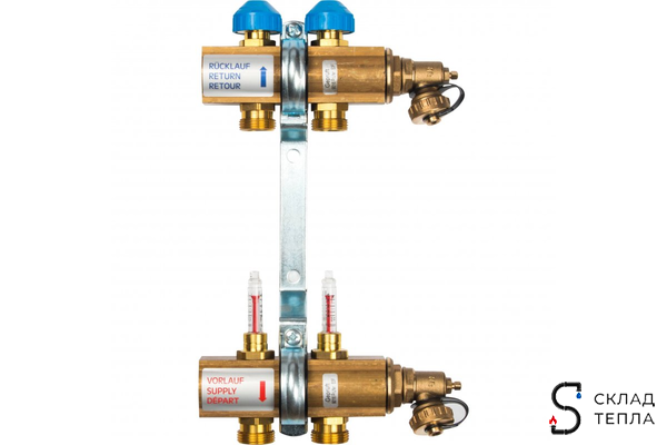 Коллекторная группа WATTS HKV/T - 1"ВР на 2 контуров 3/4"EK (с вентилями и расходомерами, латунь). Вид 1.