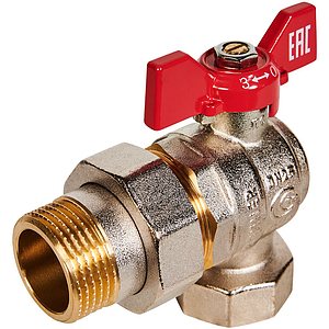 Кран шаровой полнопроходной с американкой угловой Rommer - 1' (вн/нг, PN40, ручка бабочка красная)