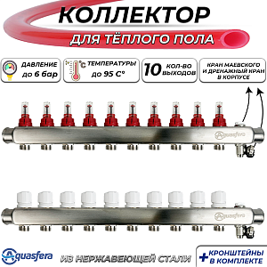 Коллекторная группа Aquasfera-1' на 10 контуров 3/4' (нерж сталь с расходомерами и сливными кранами)