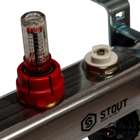 Коллекторная группа STOUT - 1" на 7 контуров 3/4" (расходомеры, клапананы, сливные краны). Вид 3.