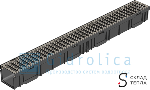 Лоток водоотводный с решеткой стальной оцинкованной Gidrolica Light 1000х116х96 мм. Вид 2.