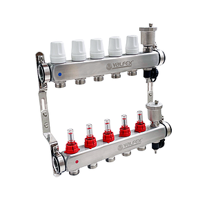 Коллекторная группа VALFEX - 1' на 5 контуров 3/4' (нерж. сталь с расходомерами и сливными кранами)