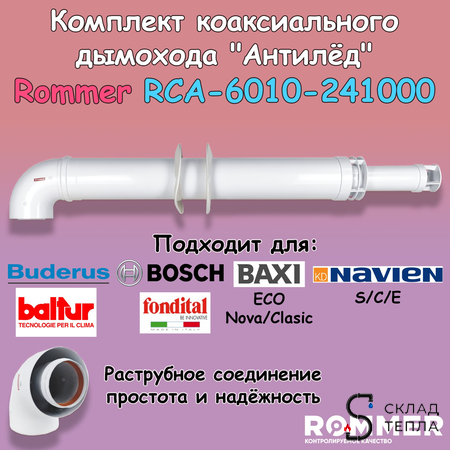 Комплект дымохода Rommer АНТИЛЕД 60/100 - 1000мм (Bosch, Buderus, Baxi ECO Nova/Classic). Вид 1.
