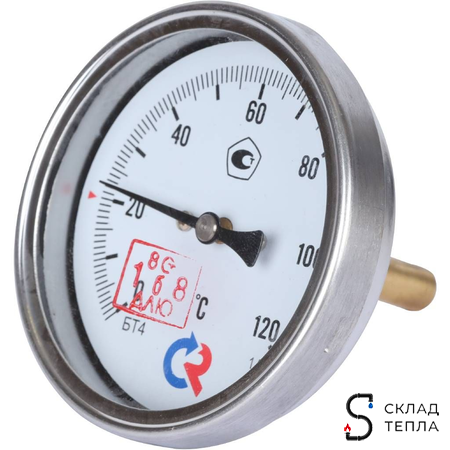 Термометр аксиальный РОСМА - 1/2" (D80 мм, шкала 0-120°C, с погружной гильзой 46 мм). Вид 2.