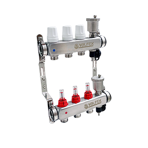 Коллекторная группа VALFEX - 1' на 3 контура 3/4' (нерж. сталь с расходомерами и сливными кранами)