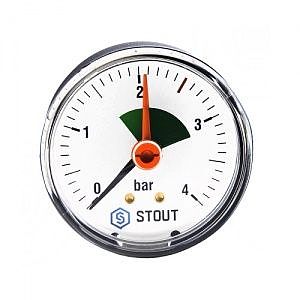 Манометр аксиальный STOUT - 1/4' (D50 мм, шкала 0-4 бар, с указателем предела)