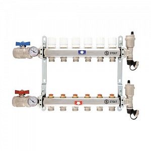Коллекторная группа в сборе STOUT - 1' на 13 контуров 3/4' (нерж.сталь, с вентилями)