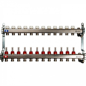 Коллекторная группа STOUT - 1' на 12 контуров 3/4' (расходомеры, клапананы, сливные краны)