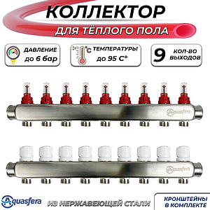 Коллекторная группа Aquasfera-1' на 9 контуров 3/4' (нерж. сталь с расходомерами)