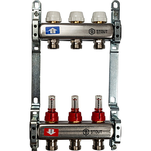 Коллекторная группа STOUT - 1' на 3 контура 3/4' (нерж.сталь, с расходомерами)