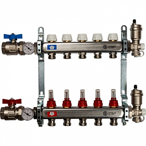 Коллекторная группа в сборе STOUT - 1' на 5 контуров 3/4' (нерж.сталь, с расходомерами)
