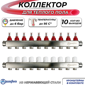 Коллекторная группа Aquasfera-1' на 10 контуров 3/4' (нерж сталь с расходомерами)