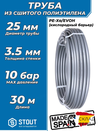 Труба из сшитого полиэтилена STOUT - 25x3,5 (PE-Xa/EVOH, PN10, Tmax 95°C, цвет серый) отрезок 30м. Вид 1.