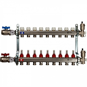 Коллекторная группа в сборе STOUT - 1' на 9 контуров 3/4' (нерж.сталь, с расходомерами)