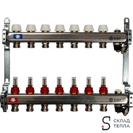 Коллекторная группа STOUT - 1" на 7 контуров 3/4" (расходомеры, клапананы, сливные краны). Вид 1.