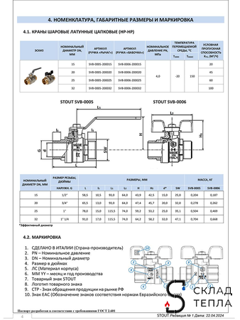 Кран шаровой полнопроходной STOUT - 1/2" (НР/НР, PN40, Tmax 150°С, ручка-бабочка черная). Вид 8.