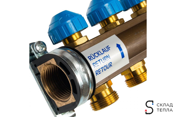 Коллекторная группа WATTS HKV - 1"ВР/ВР на 9 контуров 3/4"EK (с вентилями, латунь). Вид 2.