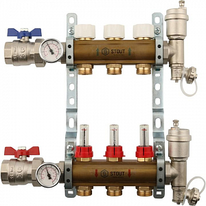 Коллекторная группа в сборе STOUT - 1' на 3 контура 3/4' (латунь, с расходомерами)