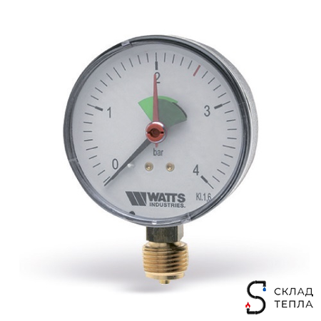 Манометр радиальный WATTS F+R201 (MRP) - 1/2" (D-80 мм, шкала 0-4 бар, с указателем предела). Вид 1.
