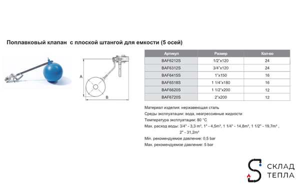 Клапан поплавковый TIM - 2" (5 осей). Вид 7.