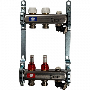 Коллекторная группа STOUT - 1' на 2 контура 3/4' (расходомеры, клапананы, сливные краны)