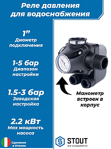 Реле давления со встроенным манометром STOUT PM5-3W (1-5 бар)