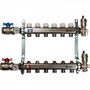 Коллекторная группа в сборе STOUT - 1' на 6 контуров 3/4' (нерж.сталь, с вентилями)