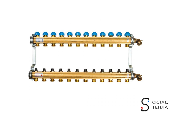 Коллекторная группа WATTS HKV - 1"ВР/ВР на 12 контуров 3/4"EK (с вентилями, латунь). Вид 1.