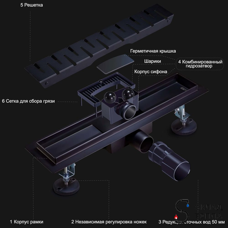 Трап-лоток из нержавеющей стали TIM 70х700 (черный матовый). Вид 4.