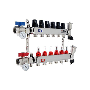 Коллекторная группа TIM - 1' на 6 контуров 3/4' (нерж. сталь с расходомерами, полный комплект)
