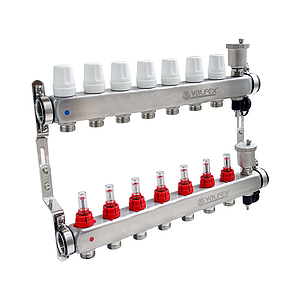 Коллекторная группа VALFEX - 1' на 7 контуров 3/4' (нерж. сталь с расходомерами и сливными кранами)