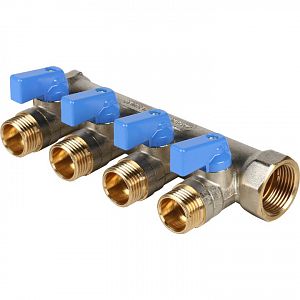 Коллектор запорный STOUT - 3/4' (НР/ВР) на 4 контура 1/2' (НР, ручки синие) 