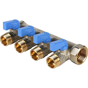 Коллектор запорный STOUT - 3/4' (НР/ВР) на 4 контура 1/2' (НР, ручки синие) 