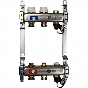 Коллекторная группа STOUT - 1' на 2 контура 3/4' (клапананы, сливные краны, нерж. сталь)