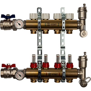 Коллекторная группа в сборе STOUT - 1' на 4 контура 3/4' (латунь, с расходомерами)